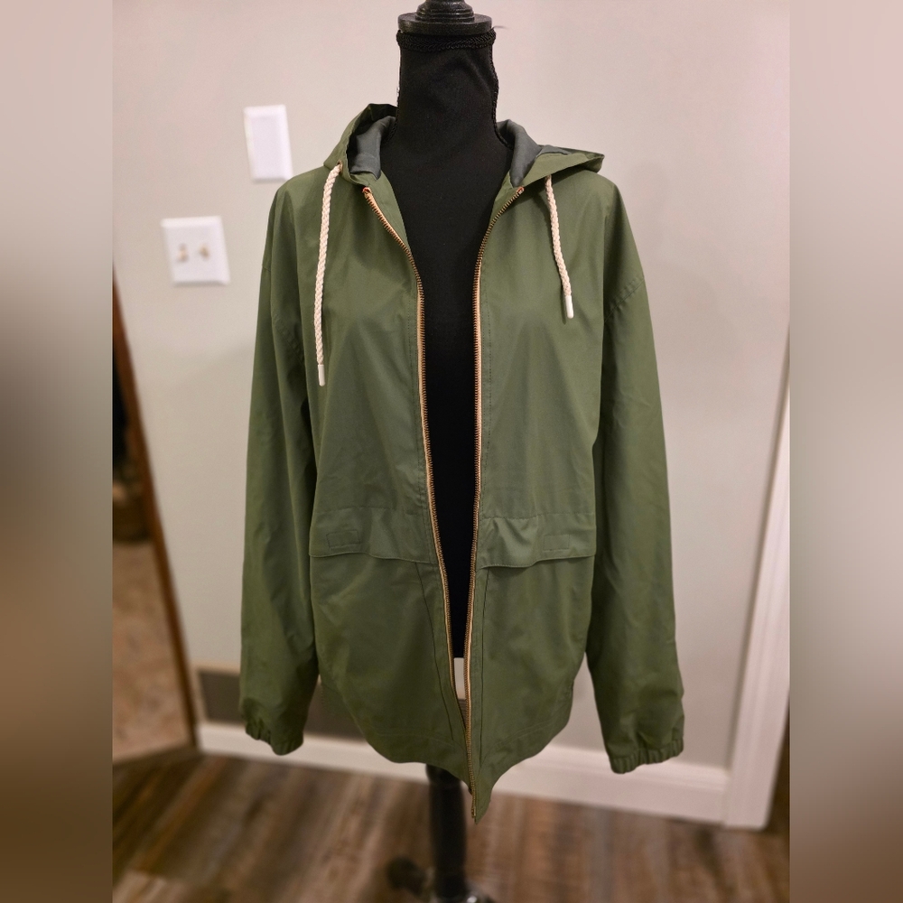 Weatherproof Green Hooded Rain Jacket with Drawstrings
